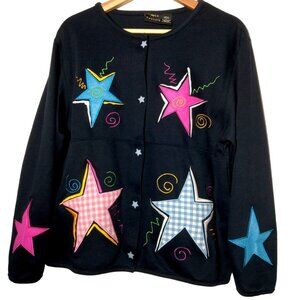 Onque Casuals Shirt Women L Knit Cardigan Star Button Up Gingham Vintage Stars